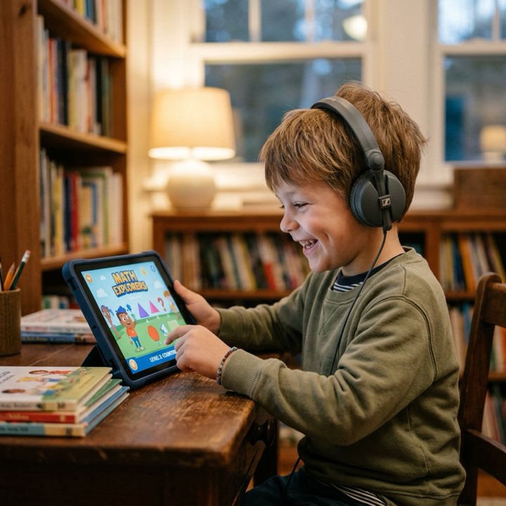 Criança assistindo a um conteúdo educativo em um tablet